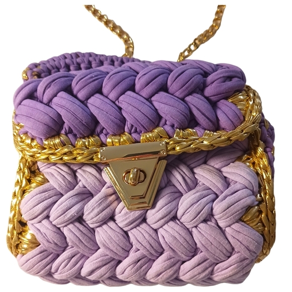 Womens Handbag Woven Metallic Gold Purple Crossbody Chain Chunky Fun - Picture 3 of 12